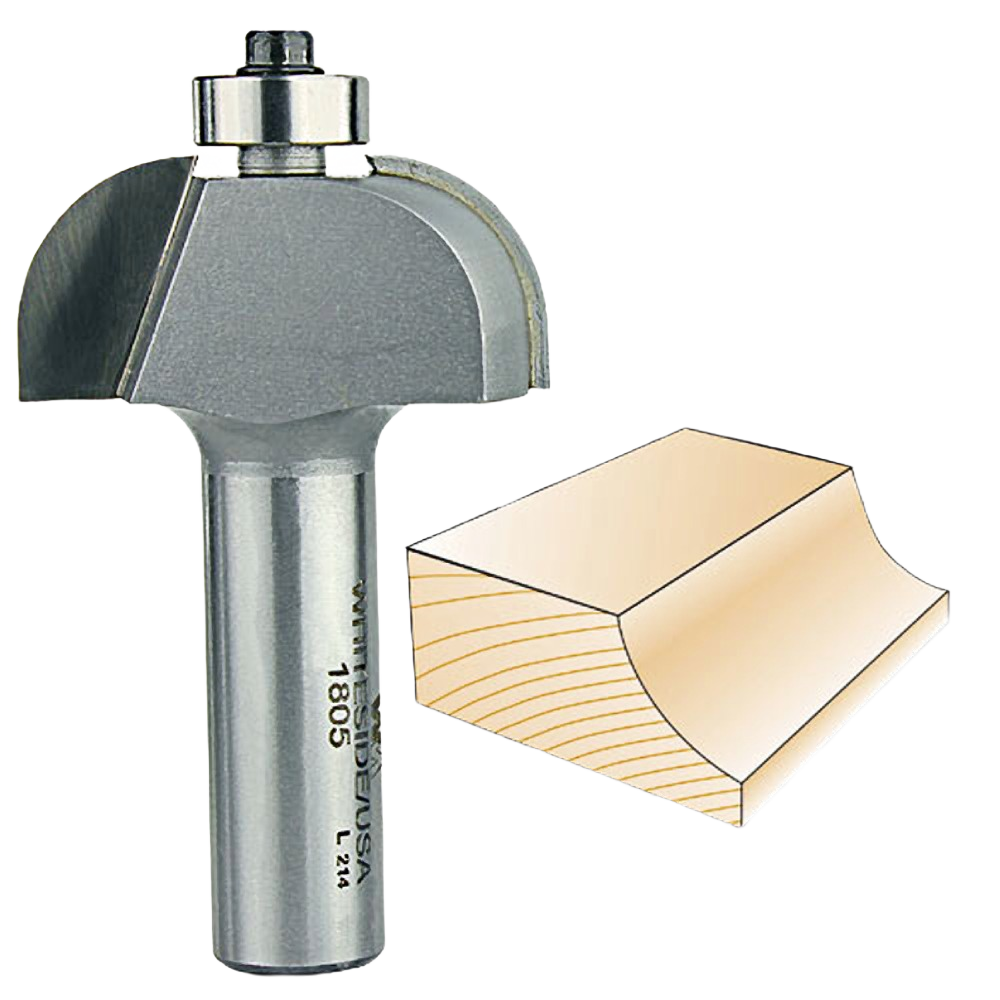 Router bit with 1/2-inch shank and radius for shaping curved edges on wood in tool accessories and power tool collections.