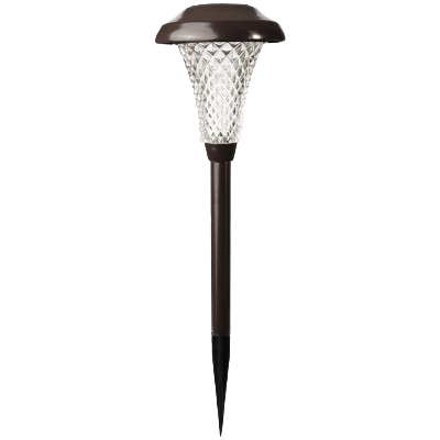 Bronze metal solar stake light with diamond-cut glass for outdoor pathway and garden illumination in landscape lighting