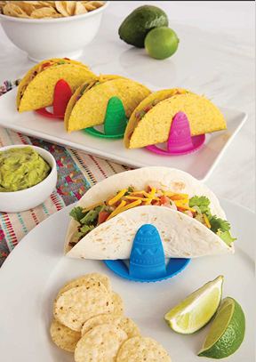 Set of four colorful sombrero-shaped taco holders keeping tacos upright for kitchen utensils and gadgets under $50 category