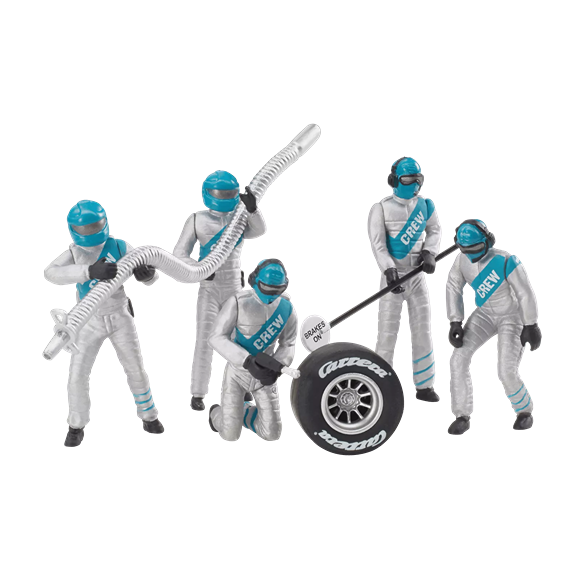 Five silver mechanic figurines with teal helmets and sashes holding tools and a race tire for pit stop teamwork