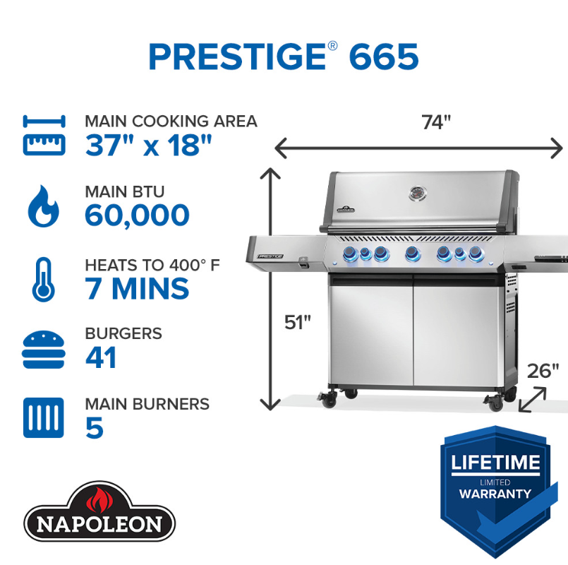 Stainless steel propane grill with five main burners, large cooking area, rapid heat-up time, and side shelves for outdoor living and gas grilling.