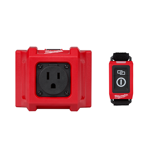 Red Milwaukee wireless dust control adapter with remote featuring black outlet and control buttons for home improvement tools