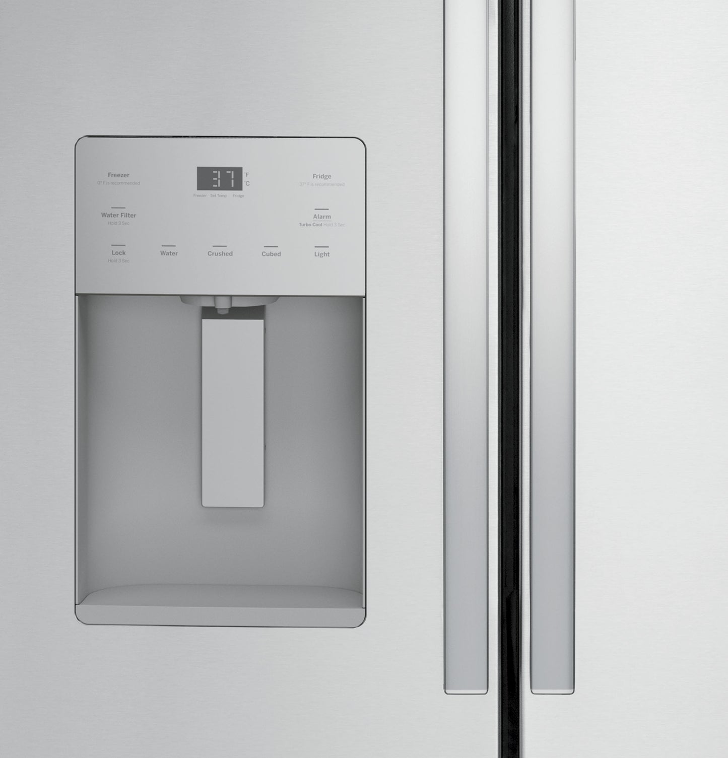 Close-up of stainless steel French-door refrigerator water and ice dispenser with digital temperature display from Appliances collection