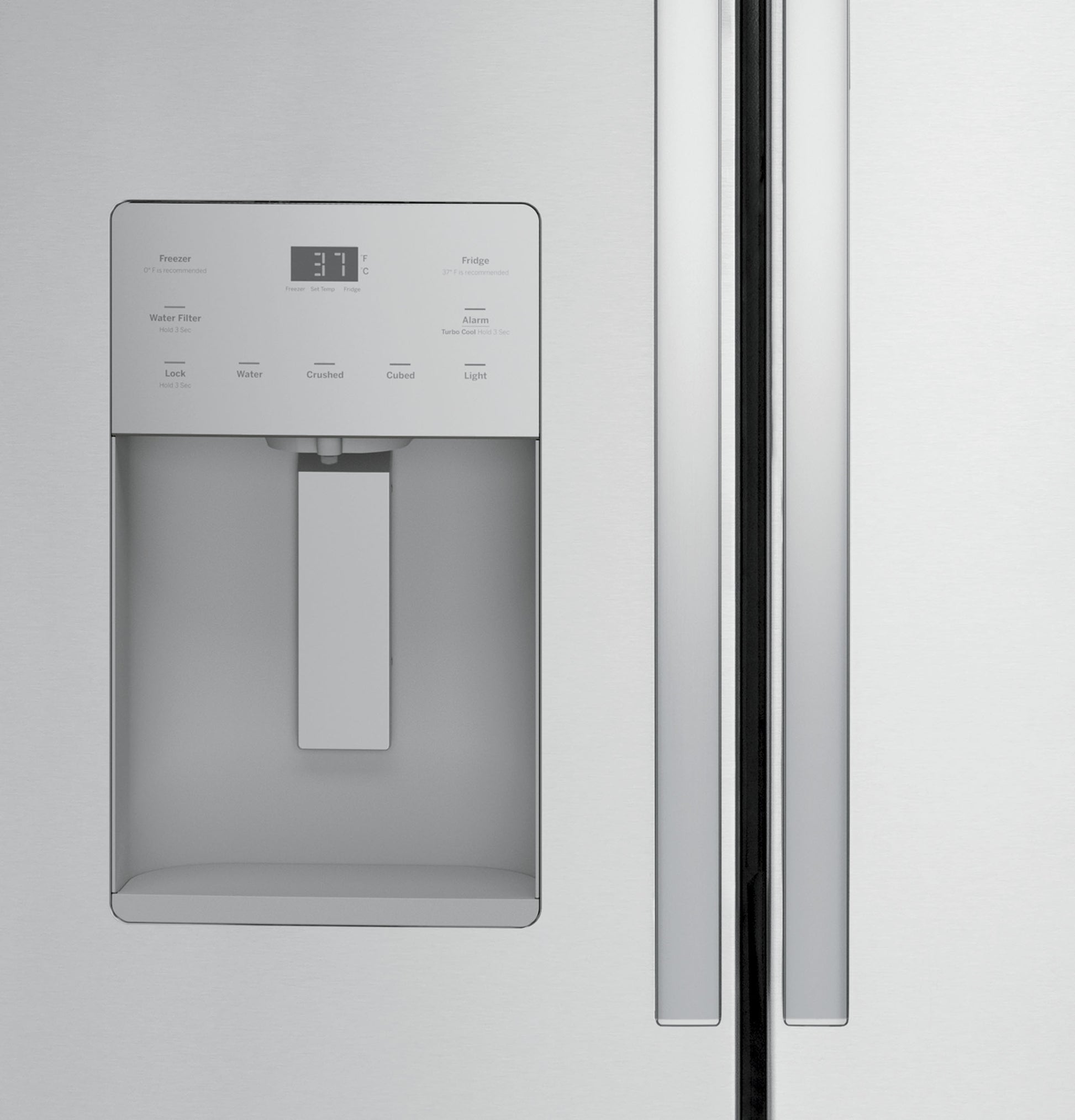 Close-up of stainless steel French-door refrigerator water and ice dispenser with digital temperature display from Appliances collection