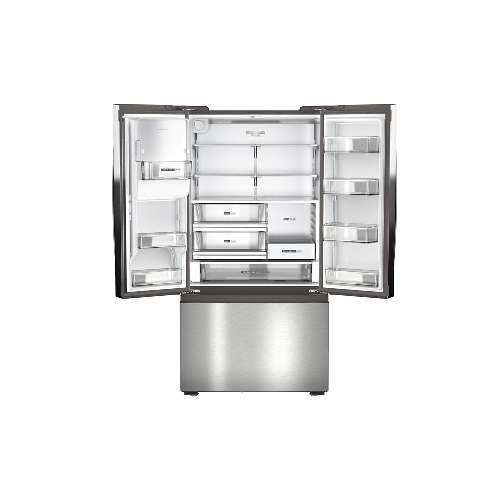 Open stainless steel French door refrigerator with organized shelves and bottom freezer in kitchen appliance collection