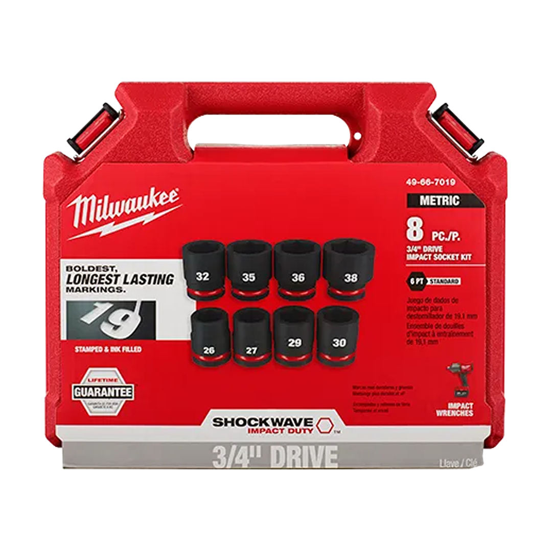 Compact red case with eight metric impact sockets for use with 3/4 in. drive sockets and hand tools collections.