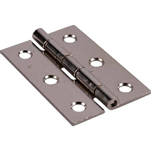 Set of 2-inch satin nickel broad hinge with six mounting holes for cabinet and furniture hardware use in home improvement projects