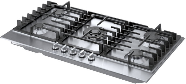 36-inch stainless steel gas cooktop with five burners and front control knobs from Bosch cooktops collection