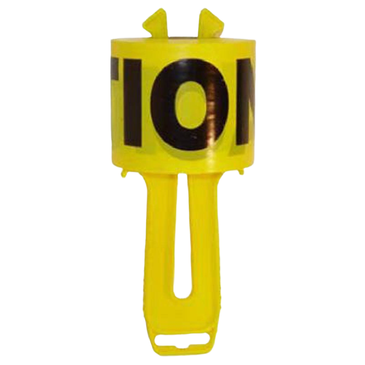 Yellow caution tape dispenser with black lettering and ergonomic handle for tools and home improvement use