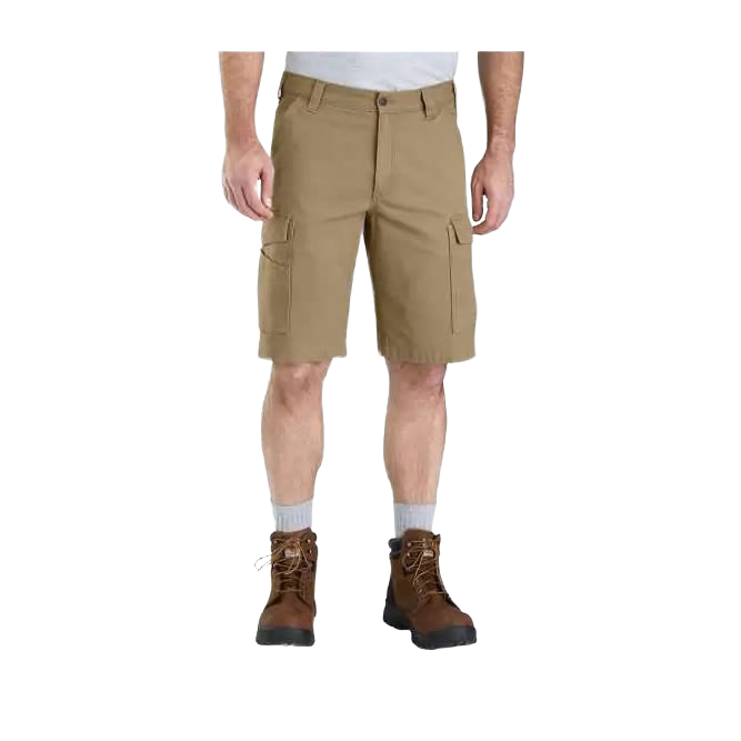 Men's durable dark khaki cargo shorts with multiple pockets, flexible fit, and sturdy construction for workwear use.