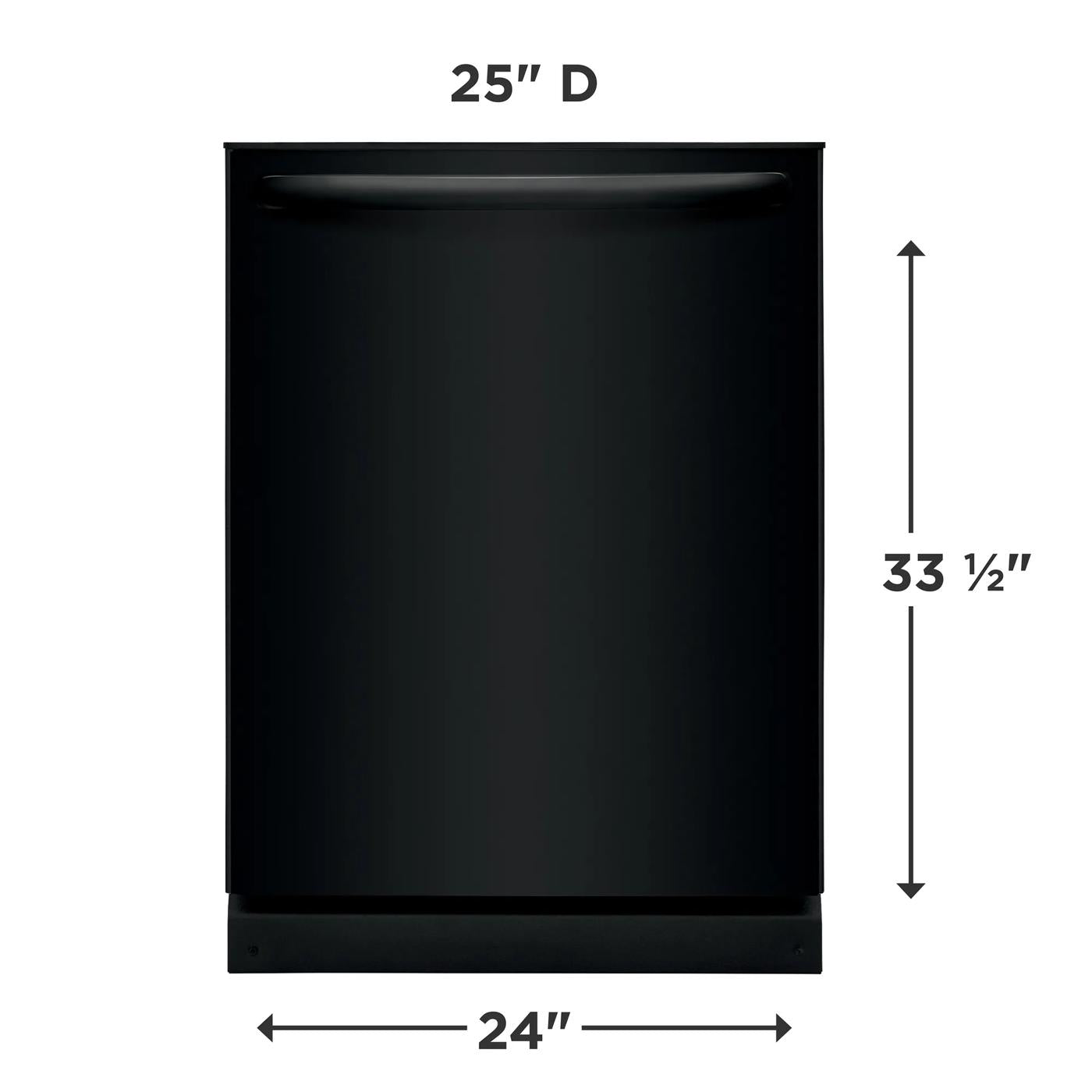 Matte black built-in dishwasher with recessed handle and dimension indicators for kitchen appliance installation