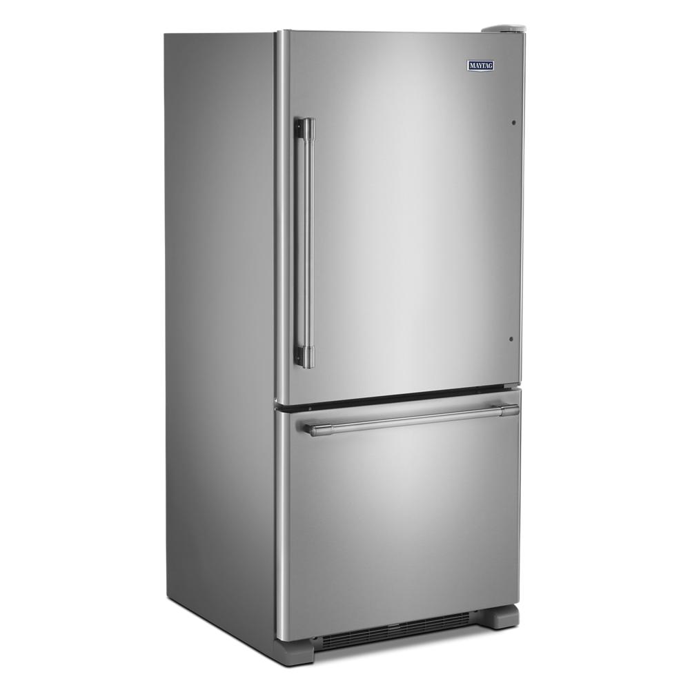 30-inch bottom mount refrigerator in fingerprint resistant stainless steel with modern handles in kitchen appliances collection