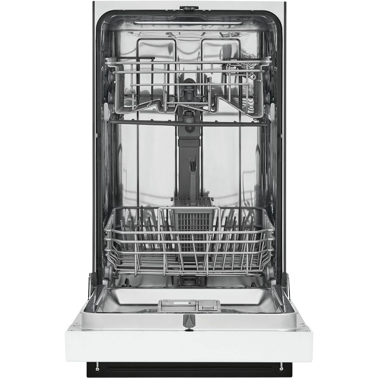 Open 18-inch built-in dishwasher interior showing adjustable racks and dual spray arm from dishwashers collection