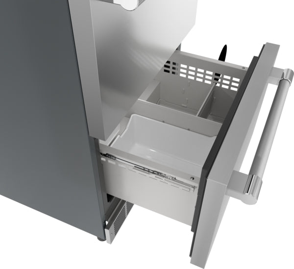Open stainless steel under counter combo drawer refrigerator freezer showing divided interior compartments in kitchen appliances collection