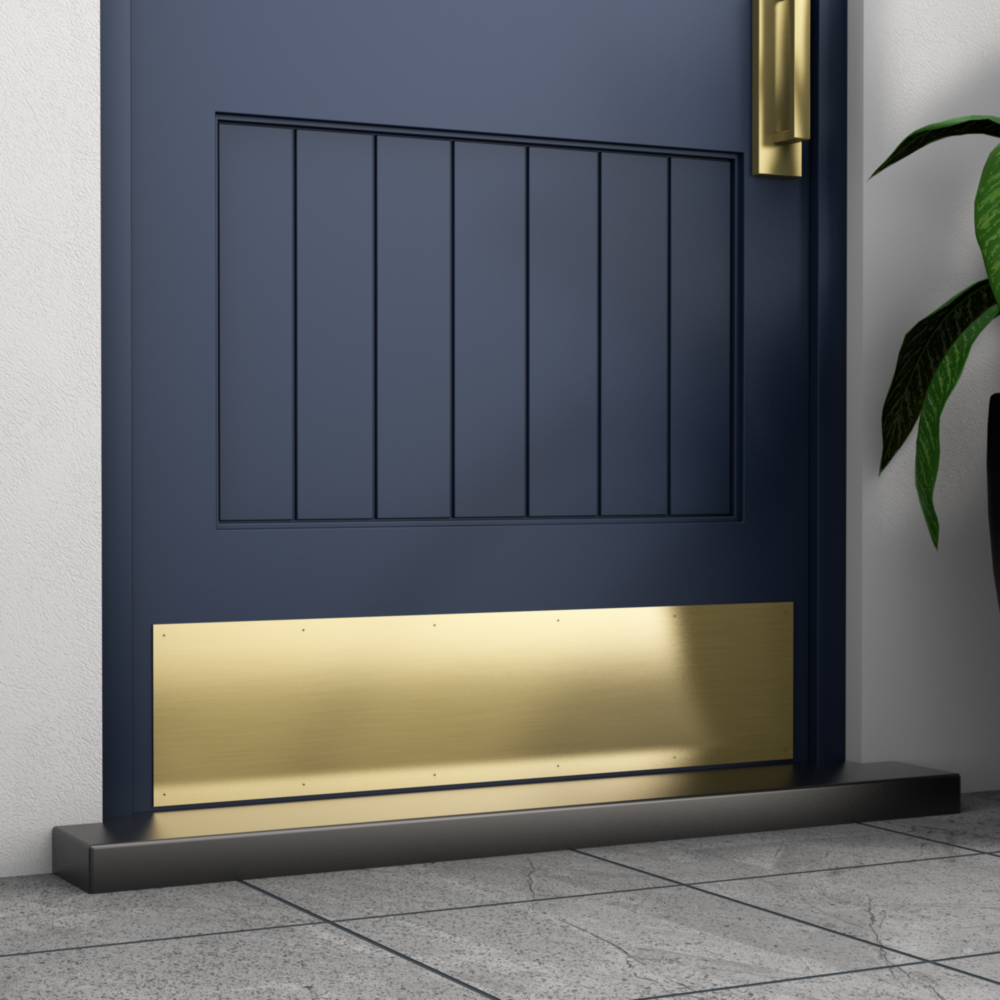 Brushed gold aluminum kickplate protecting blue interior door in door accessories under $100 and hardware collections