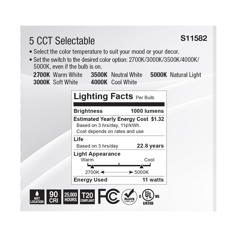 Lighting facts label showing selectable color temperatures, brightness, energy cost, lifespan, and certifications for LED bulb