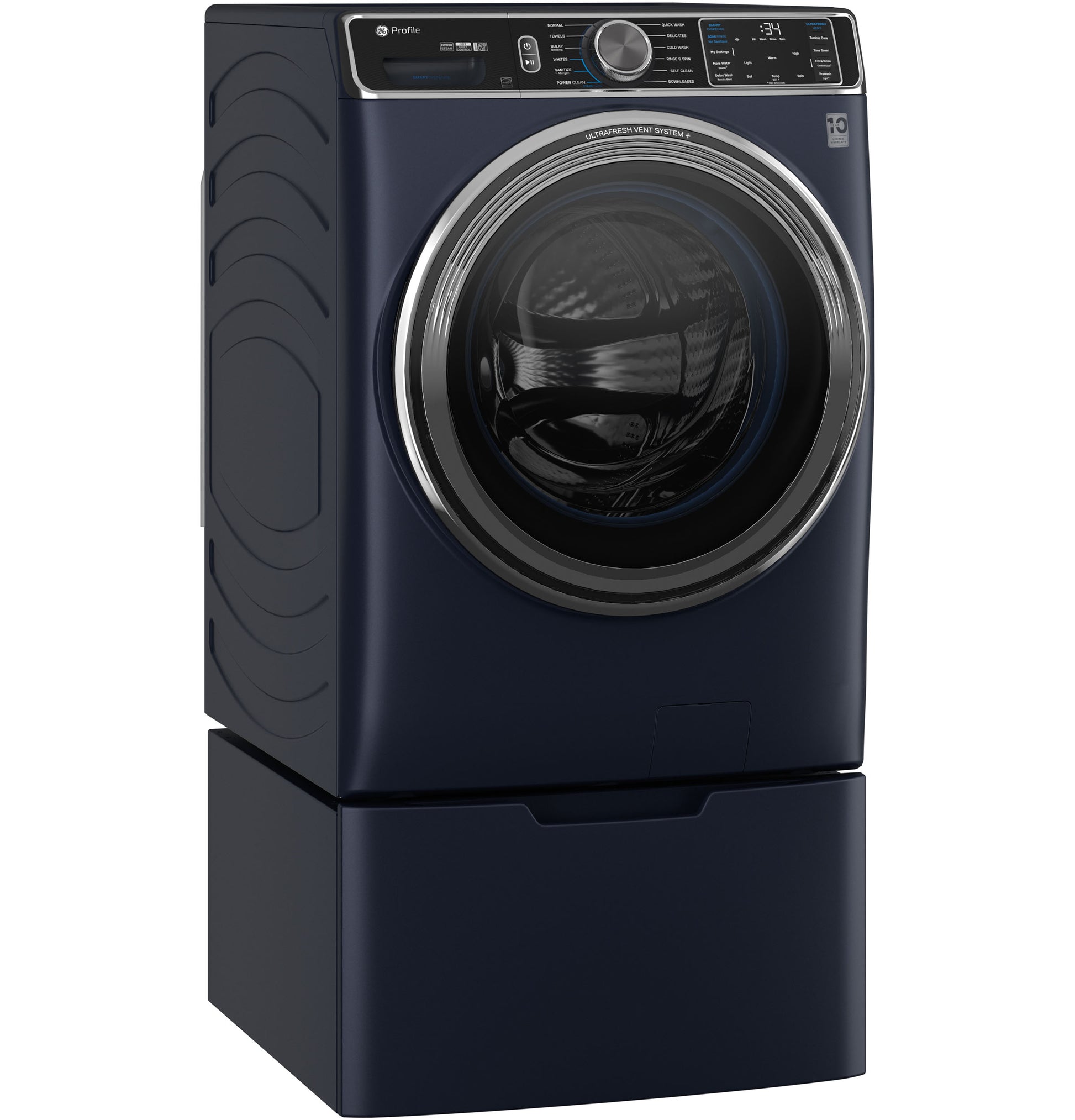 Dark blue smart front load washer with pedestal drawer and digital control panel in Washers & Dryers collection