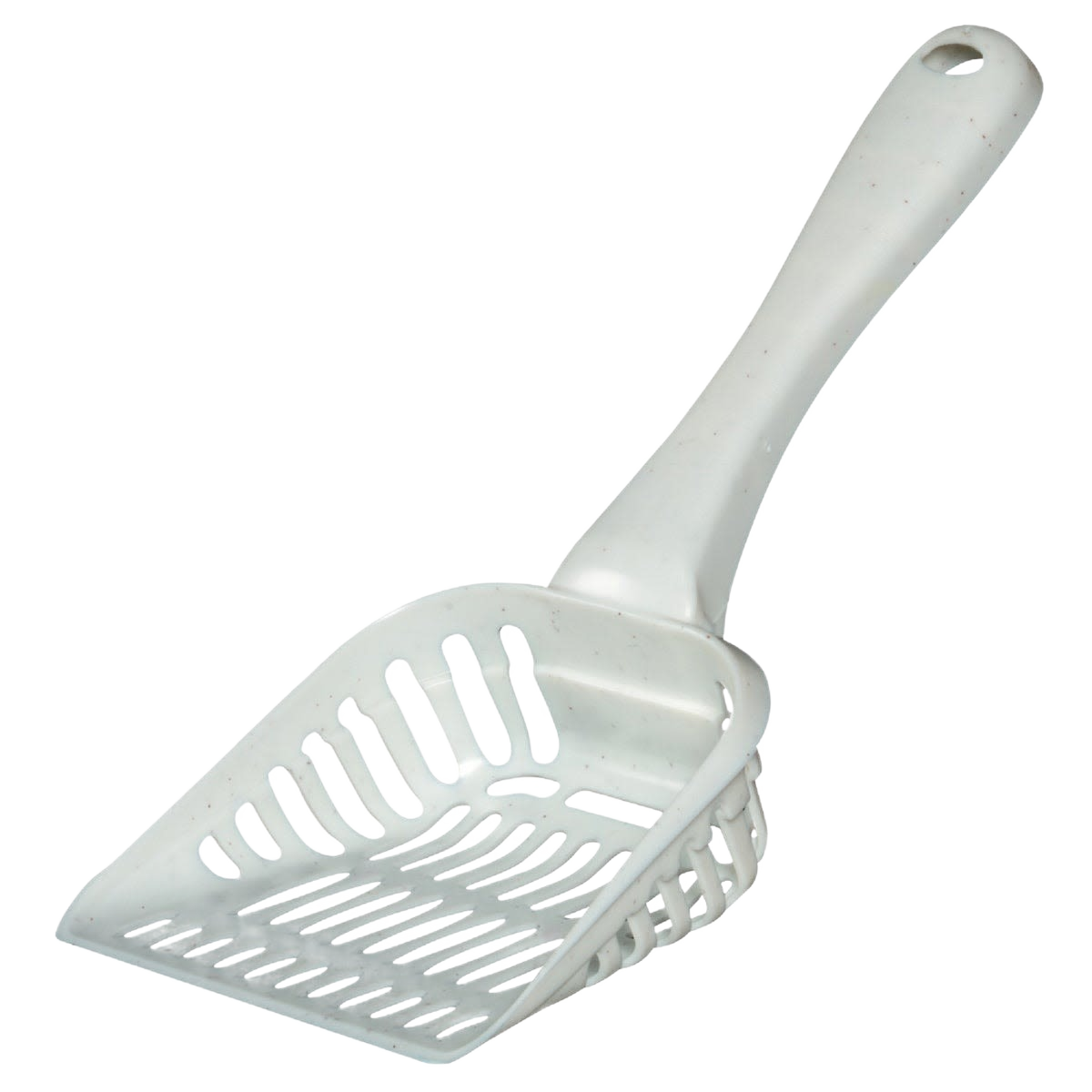 White plastic jumbo scoop with slotted basket and ergonomic handle for pet litter cleaning use