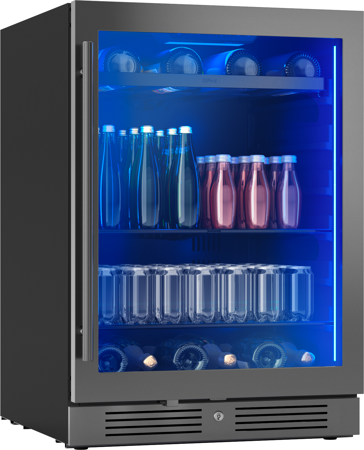 24" black stainless steel beverage cooler with glass door, wood rack, blue interior lighting in Kitchen & Kitchenware collection
