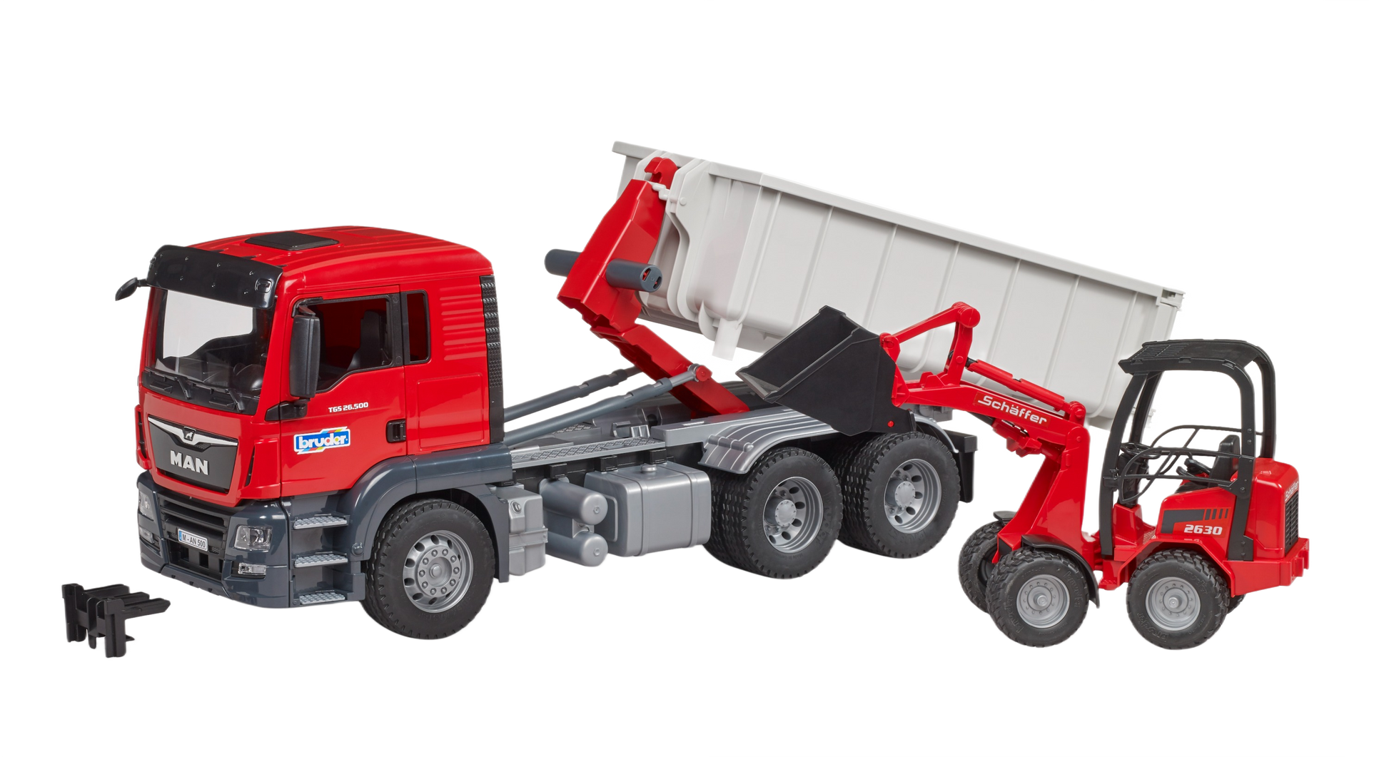 Red Bruder MAN TGS truck with tilting white roll-off container and red compact loader for construction play