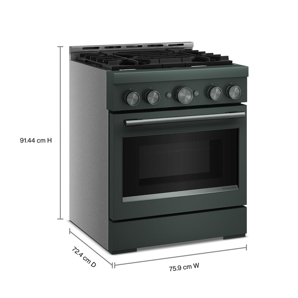 Green KitchenAid 30-inch commercial-style gas range with four burners and stainless steel oven handle with dimensions shown