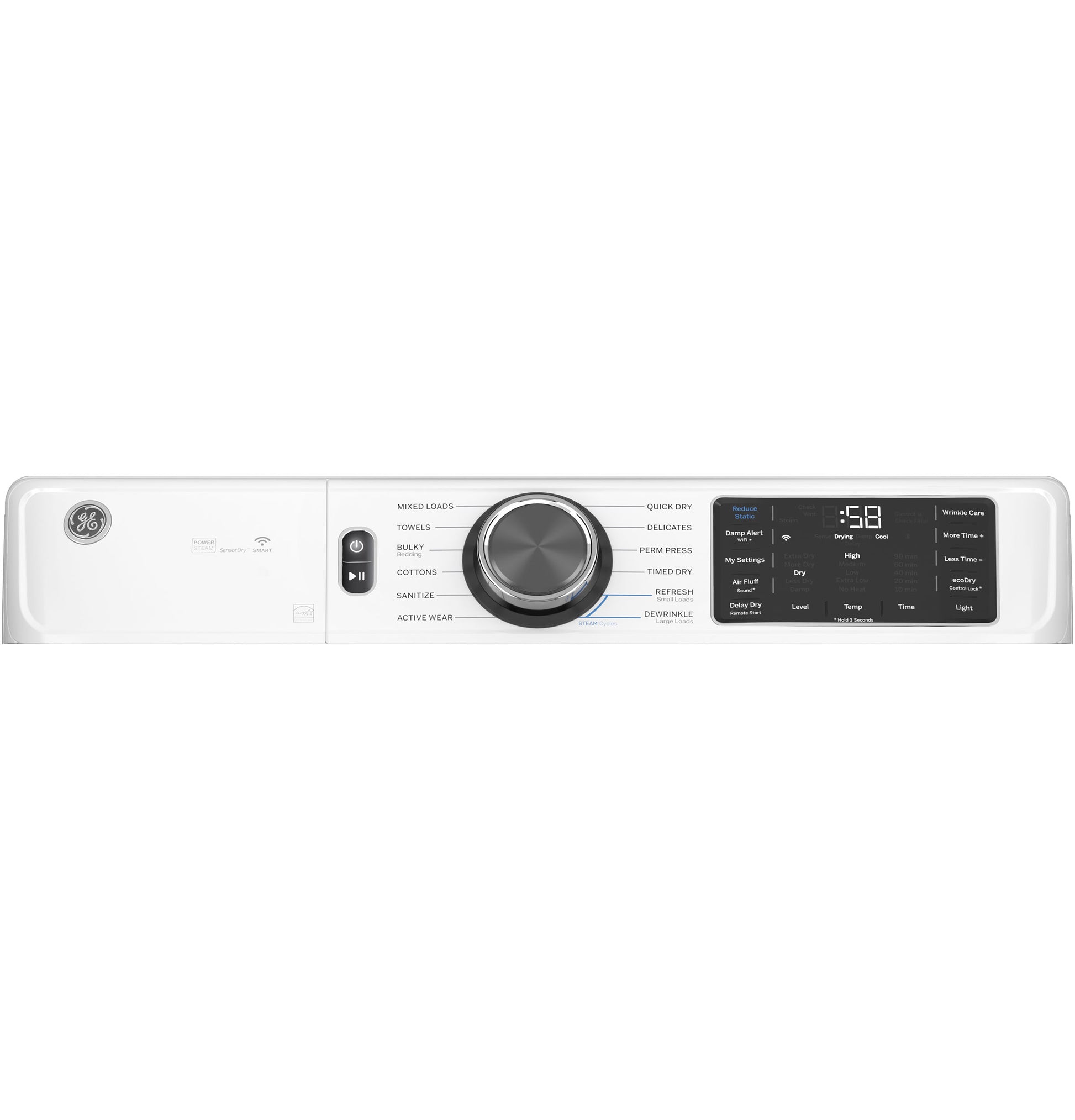Control panel of a white smart front load electric dryer with digital display and cycle selection in appliances collection
