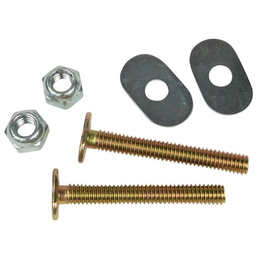 Two brass plated steel toilet bolts with nuts and washers for plumbing repairs and toilet installation projects