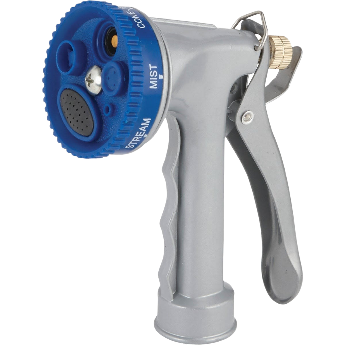 Blue and gray metal 5-pattern garden hose nozzle for watering and irrigation in lawn and garden collections