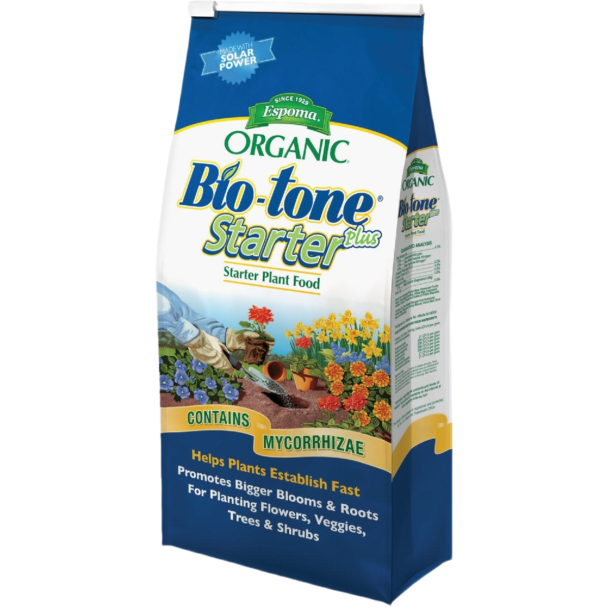Bag of Espoma organic plant food with colorful flowers and gardening tools for lawn and garden care under $50