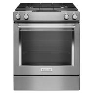 30-inch stainless steel dual fuel slide-in range with four burners and integrated downdraft ventilation system