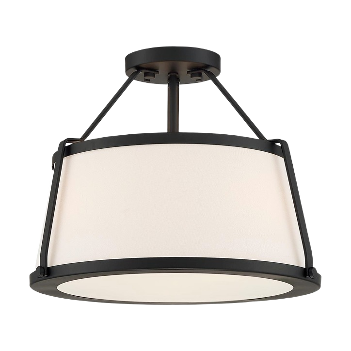 Matte black three-light semi-flush ceiling fixture with white fabric shade for bathroom and lighting collections