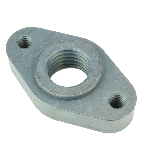Galvanized metal anchor with threaded center hole and two mounting holes for John Deere parts and hardware.