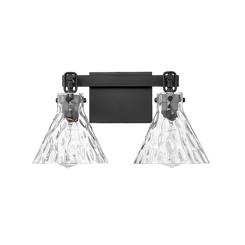 Two fixture matte black sconce with clear water glass shades for bathroom and wall lighting collections