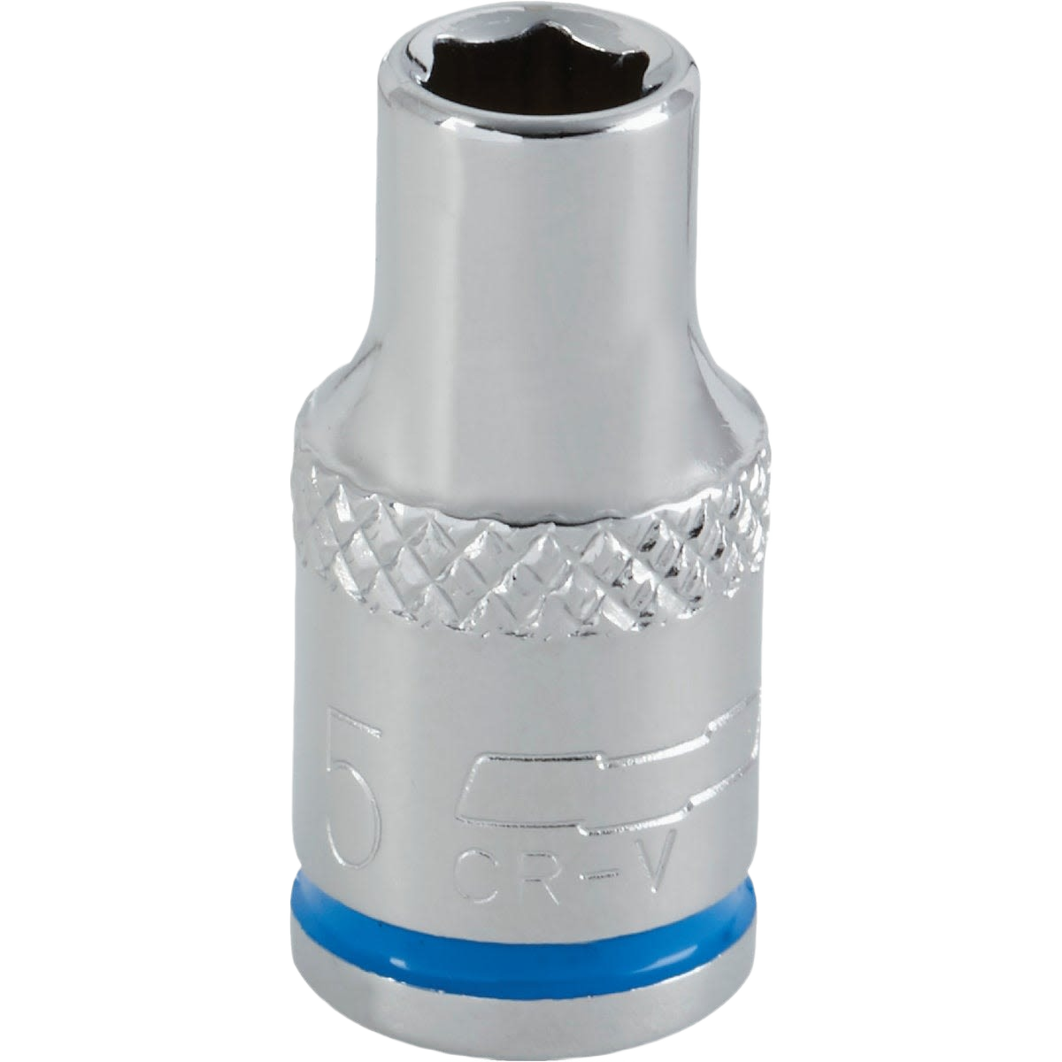Chrome finish shallow 5mm 6-point metric socket with blue band for easy size identification in hand tools collection under $50