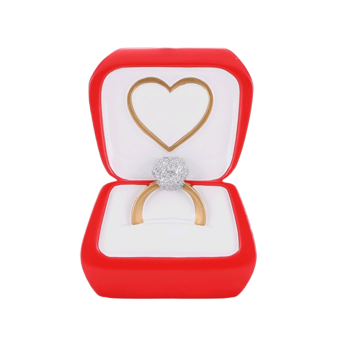 Red ring box ornament with gold band and sparkling diamond inside from Christmas Ornaments & Tree Decorations collection