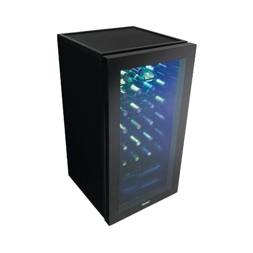 Free-standing 36 bottle wine cooler with black frame, wire shelves, and blue interior LED lighting from beverage centers collection