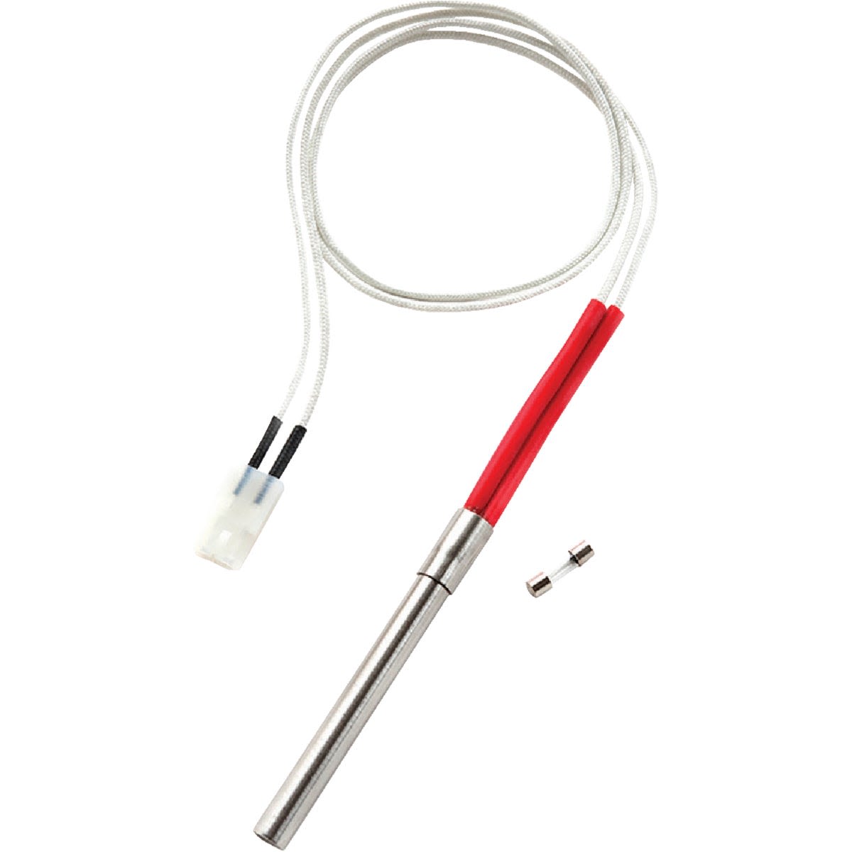 Replacement igniter kit with metal rod and white wiring for grills and outdoor cooking equipment maintenance