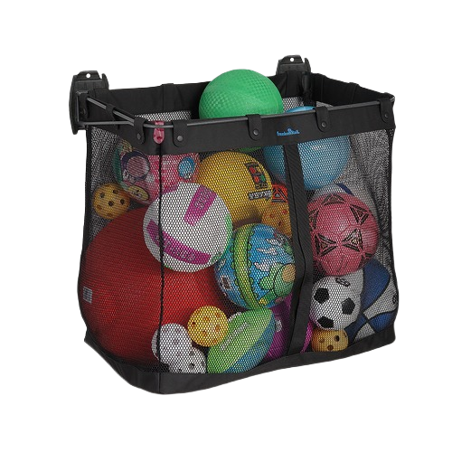 Large black mesh sports basket for garage storage and organization holding various balls and toys