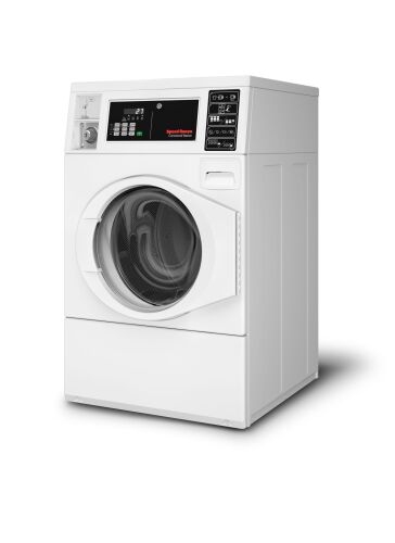 White front load commercial washer with quantum coin drop controls, built for durability in Front Load Washers and Appliances collections.