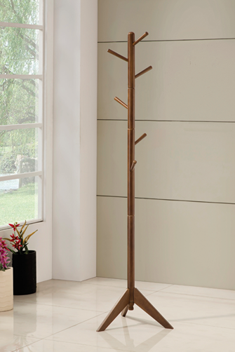 Walnut-colored wooden coat rack with six angled hooks and sturdy tripod base for home organization and decor