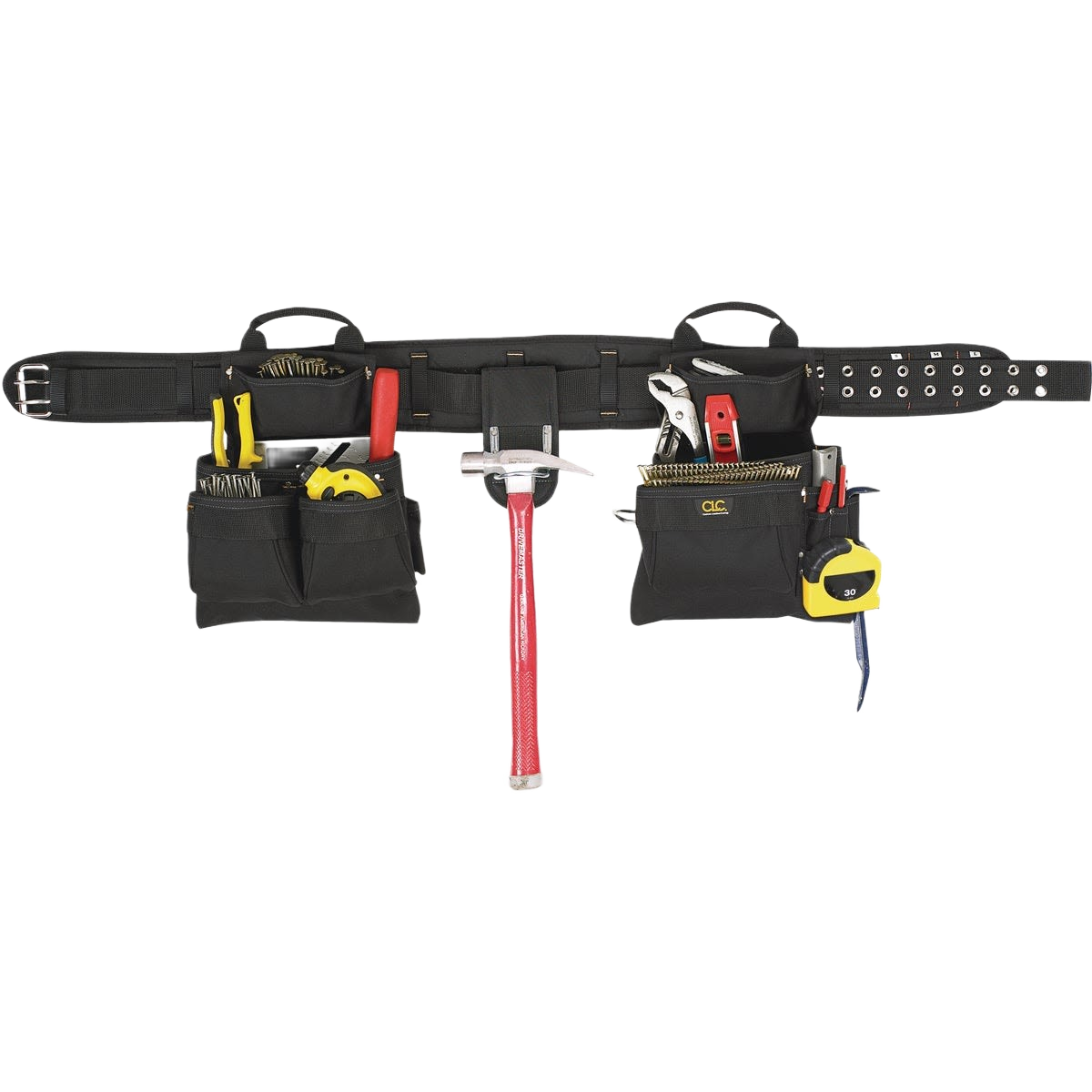 Black carpenter apron system with multiple pockets and tool storage for woodworking and home improvement tasks