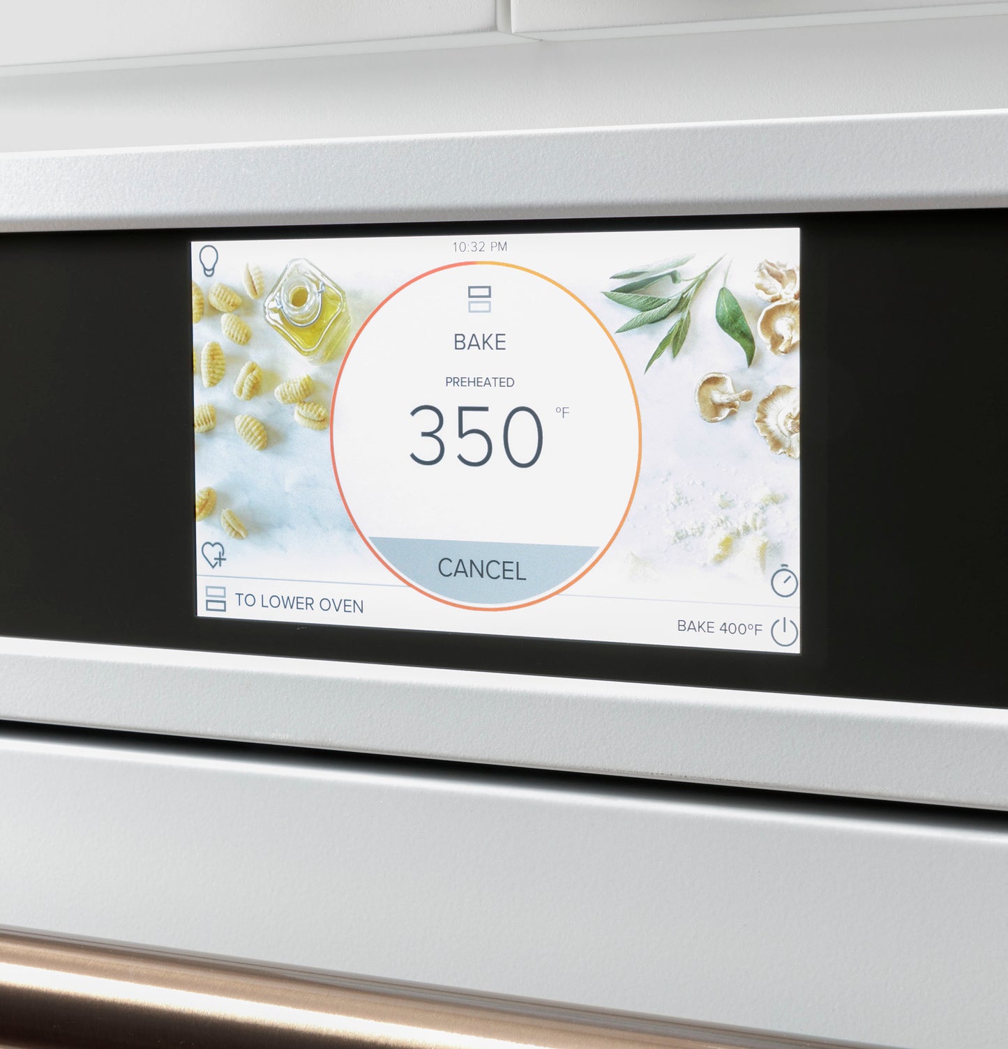 Digital touchscreen control panel showing bake mode preheated to 350 degrees on a built-in convection wall oven