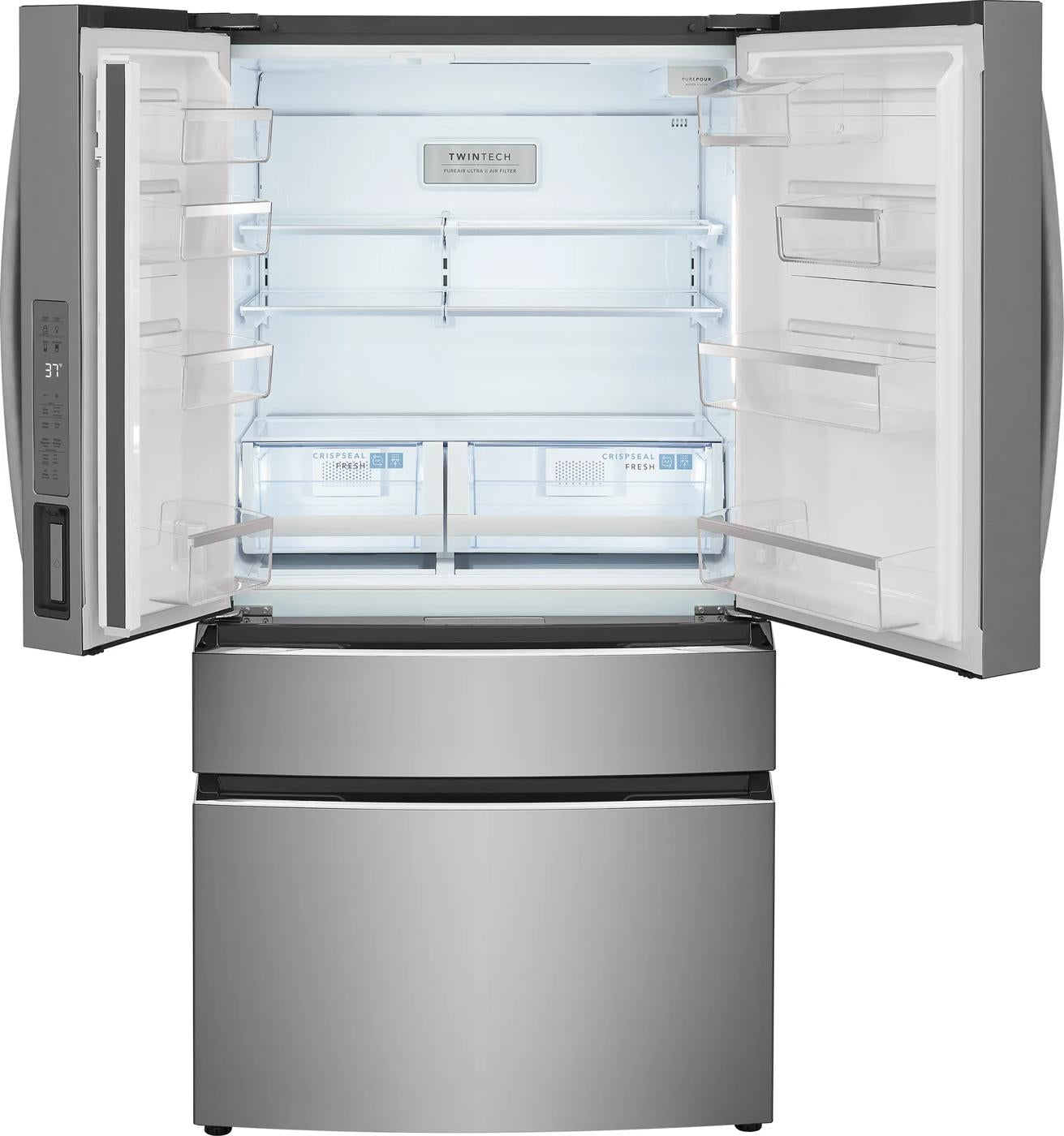 Stainless steel 4-door French door refrigerator with open fresh food compartment and spacious interior shelves in appliances collection