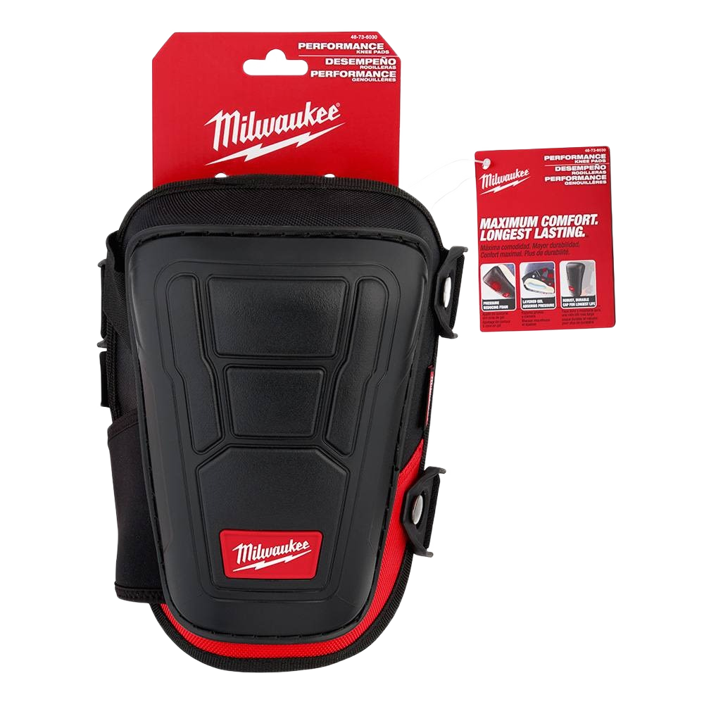 Black and red Milwaukee Performance Knee Pads with hard protective shell for safety and comfort in hardware and home improvement tasks