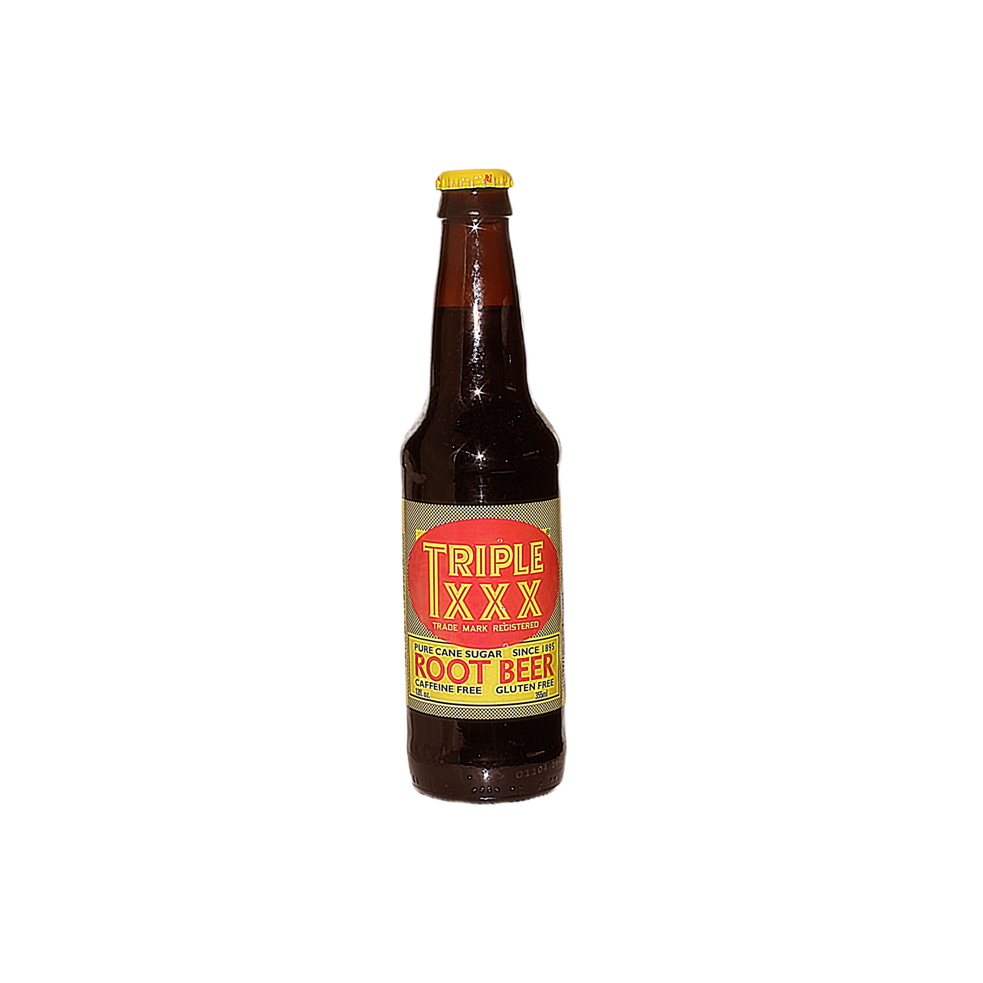 Brown glass bottle of Triple XXX root beer with yellow and red label and yellow cap for classic soda enjoyment