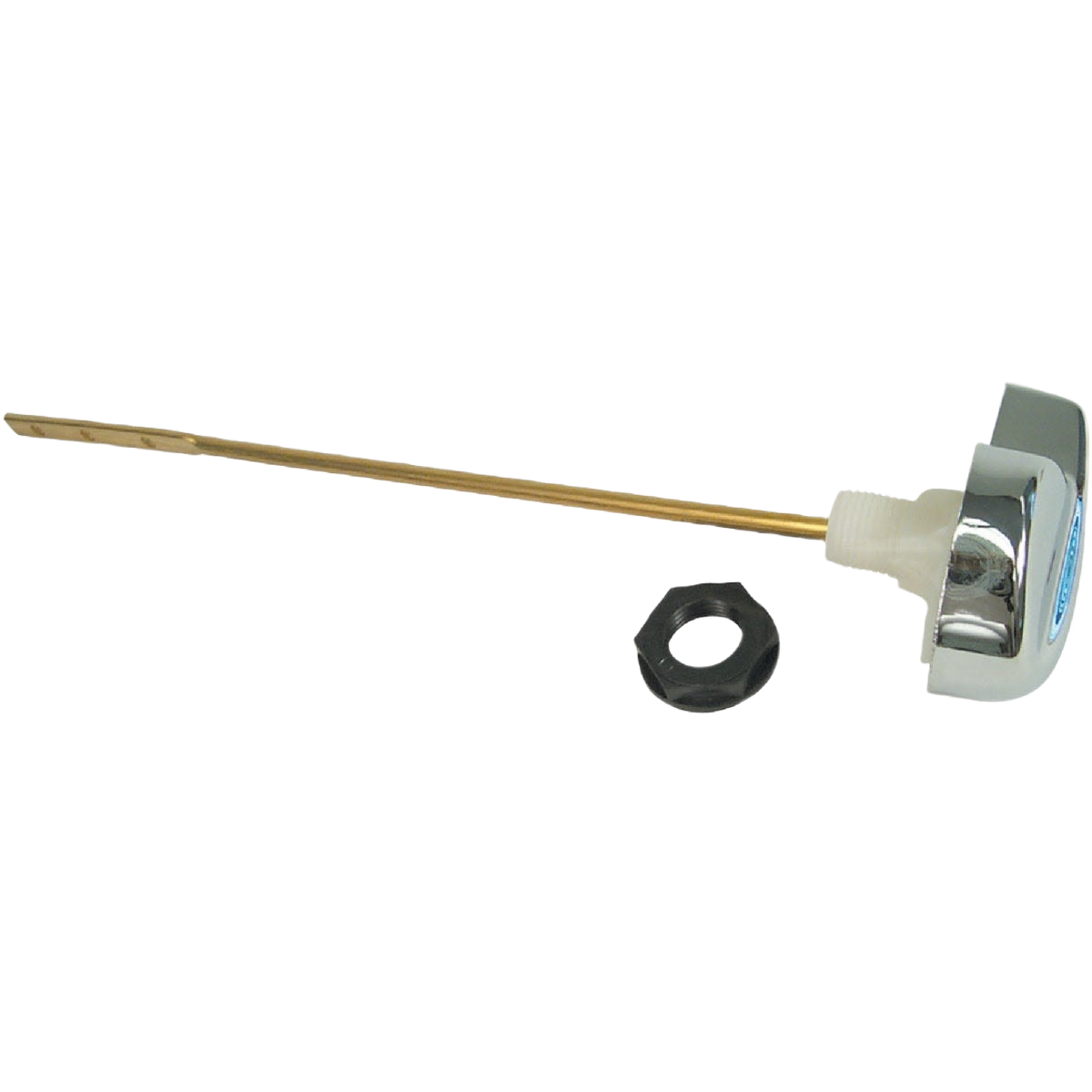 Chrome-plated side-mount tank lever with brass arm and black mounting nut for tools and home improvement use