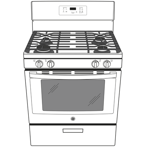 Front view line drawing of a free-standing gas range with four burners and digital control panel for kitchen appliances collection