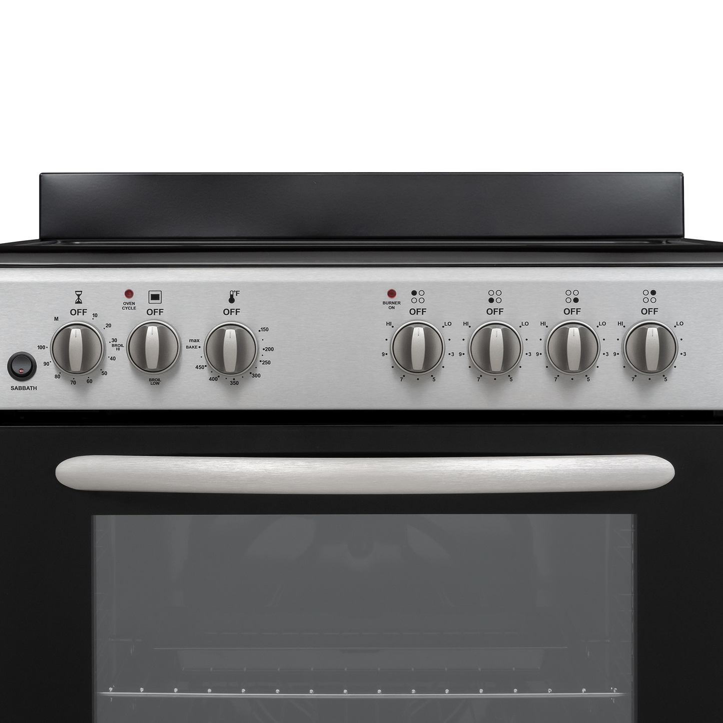 Close-up of stainless steel control panel with six knobs and black oven door of a compact electric range