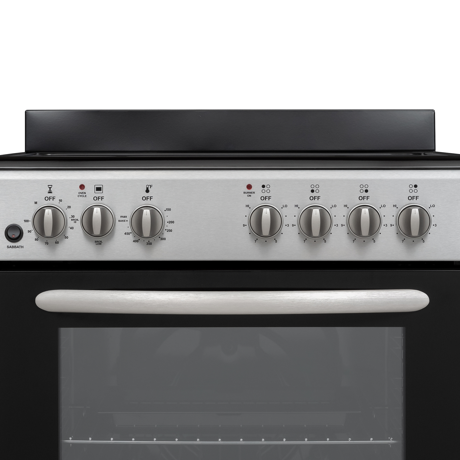 Close-up of stainless steel control panel with six knobs and black oven door of a compact electric range