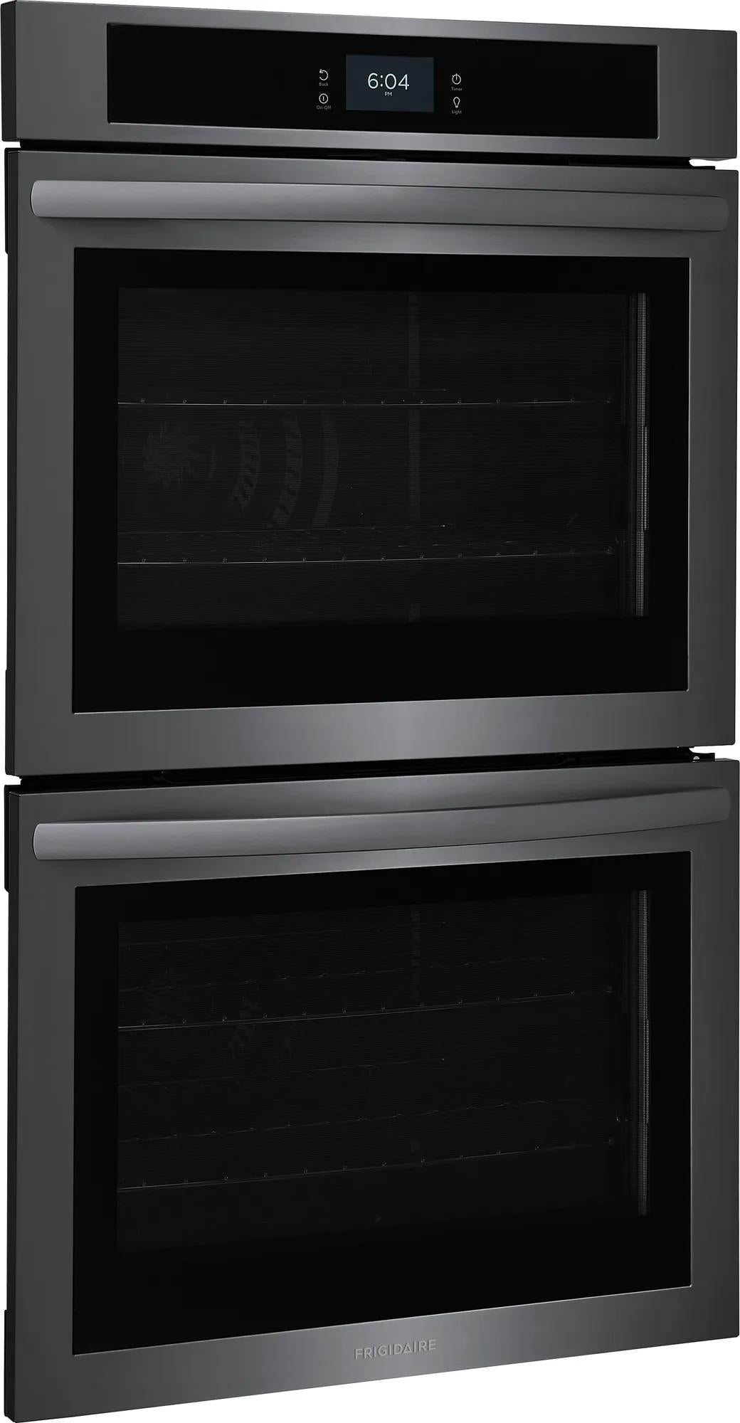 Modern black stainless steel double wall oven with digital touchscreen control and fan convection for kitchen appliances.